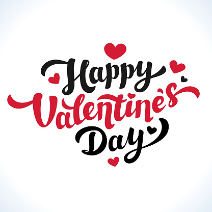 Happy Valentines Day Lettering. 14th of february greeting card. Black and Red inscription with hearts on white background. Vector illustration.