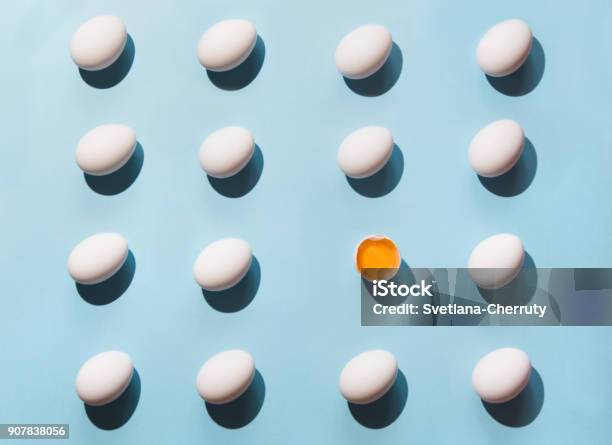 Organic White Eggs On Blue Abstract Pattern Eggs In Isometric Stock Photo - Download Image Now