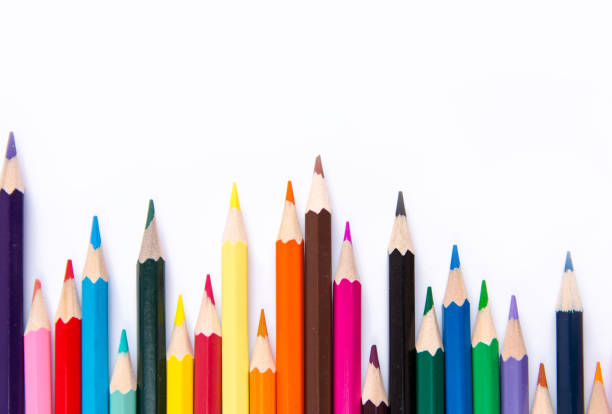 Group of colored pencils in different compositions
