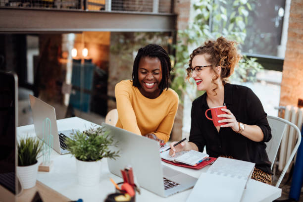 dos mujeres de negocios que trabajan en la computadora en la oficina - computer creativity teamwork team fotografías e imágenes de stock