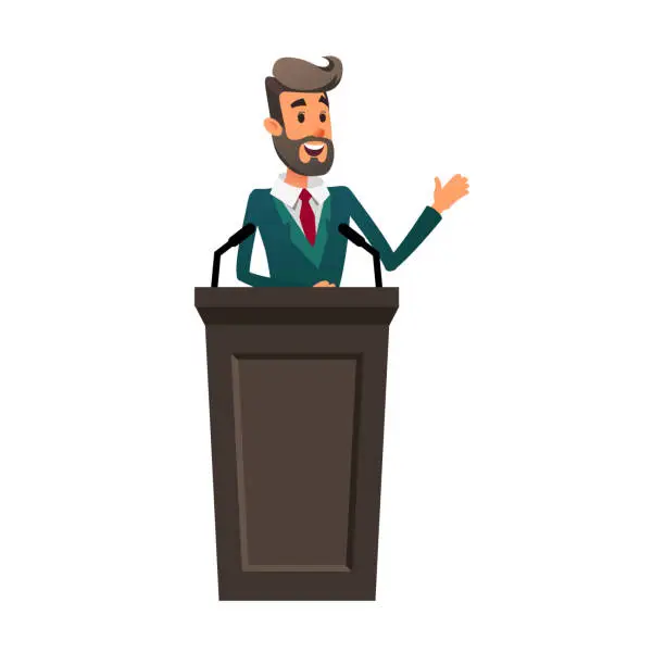 Vector illustration of The lecturer stands behind the rostrum. The speaker lectures and gestures. A young politician speaks to the public