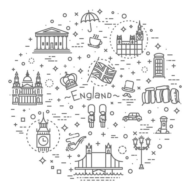 London icons set. England, thin line design Themed icons of London, linear symbols collection. England showplace, isolated vector illustration city of london flag stock illustrations
