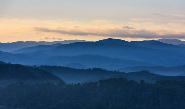 산 능선에 연기가 자욱한 산 국립 공원 - great smoky mountains great smoky mountains national park panoramic sunrise 뉴스 사진 이미지
