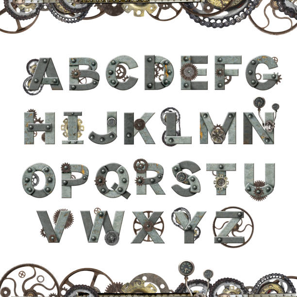alfabetletters van roestig metaal met machine versnellingen en tandrad - steampunk stockfoto's en -beelden