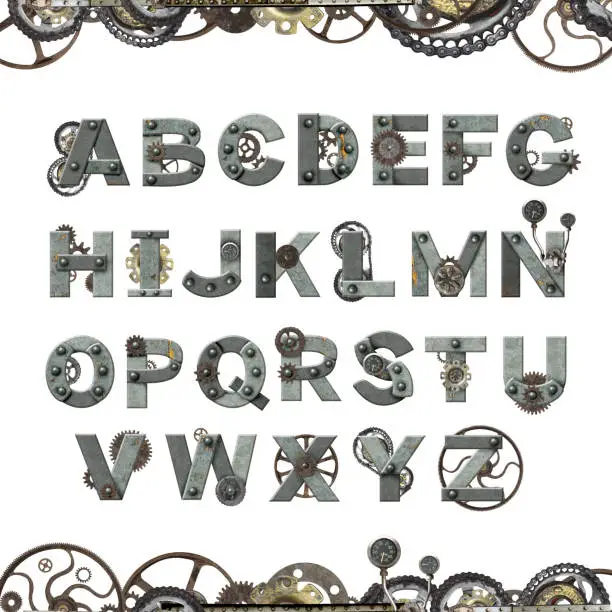 Photo of Alphabet  letters from rusty metal with machine gears and cogwheel