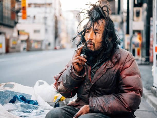 A Japanese homeless man living on the streets of Tokyo, Japan.