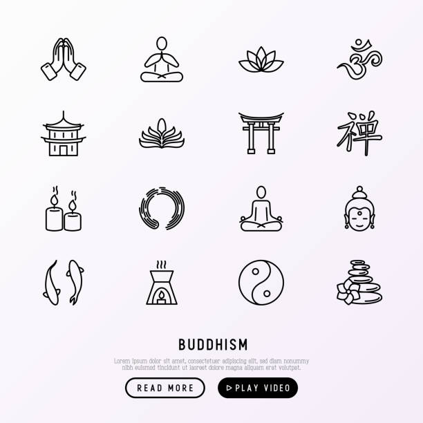 ilustraciones, imágenes clip art, dibujos animados e iconos de stock de conjunto de iconos de delgada línea de budismo: yoga, meditación, buda, yin-yang, velas, aromaterapia de letterm aum, pagoda, templo. ilustración de vector moderno. - yin yang symbol illustrations