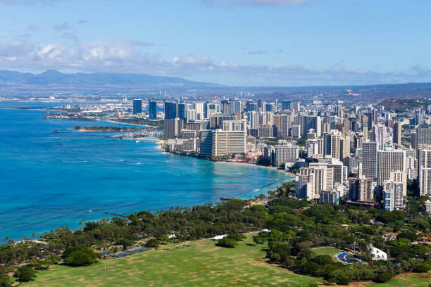 istock Elevated view of the Waikiki coastline 907854830