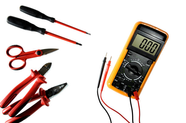 istock Close up from above of work tools on electrical installations, isolated on white background 907858112