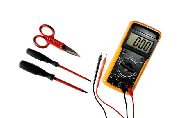 istock Close up from above of work tools on electrical installations, isolated on white background 907858114