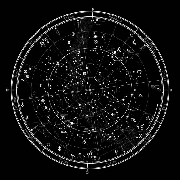 kuzey yarımküre astrolojik gök haritası. burç 1 ocak 2018 (00:00 gmt). detaylı anahat grafik semboller ve işaretler zodyak, gezegenler, asteroitler ve vb ile. - orion bulutsusu stock illustrations