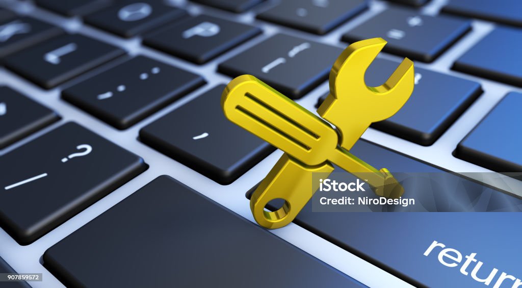 Assistance Computer Service Toolkit Icon Computer service and assistance concept with a golden work tool icon on a laptop keyboard 3D illustration. IT Support Stock Photo