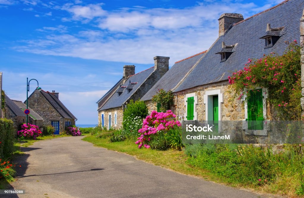 typical old house and hydrangea flower in Brittany, France Brittany - France Stock Photo