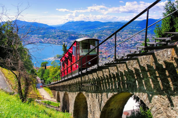 Lugano funicular and Lake Lugano, Switzerland Lugano funicular to the Monte Bre and Lake Lugano, Switzerland lugano stock pictures, royalty-free photos & images
