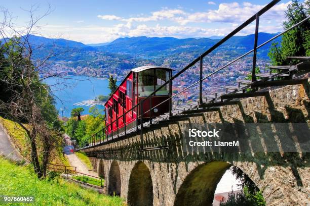 Lugano Funicular And Lake Lugano Switzerland Stock Photo - Download Image Now - Lugano, Switzerland, Monte Brè