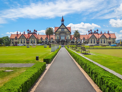 Museum and art gallery in the town of Rotorua, North Island, New Zealand on a sunny day