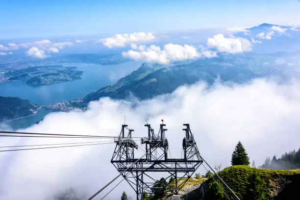 View of Switzerland from the deck of the CabriO cable car as it makes its way to the top of the 1,900 meter Mount Stanserhorn.