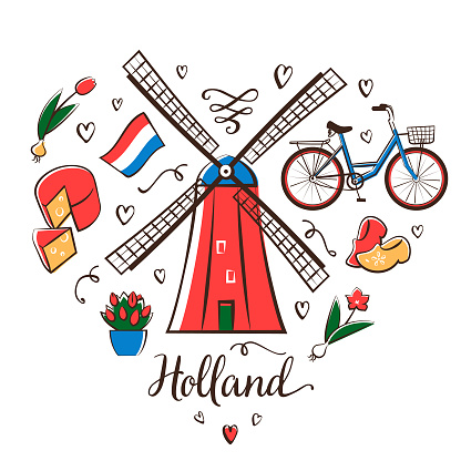 Holland symbols placed in a heart shape on a white background.