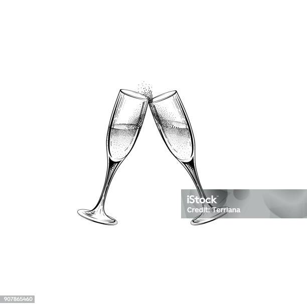 Drink Champagne Sign Christmas Party Icon With Clinking Wine Gl Stock Illustration - Download Image Now