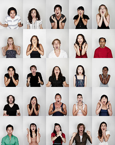 group of people all looking surprised and happy - screaming shouting women using voice 뉴스 사진 이미지