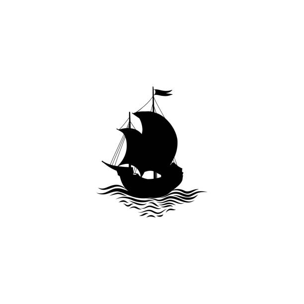 ilustraciones, imágenes clip art, dibujos animados e iconos de stock de silueta de barco de vela. icono de transporte retro. viaje a cruisedesi - storm pirate sea nautical vessel