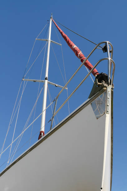 istock Steel white ship bow closeup on sky background 907866614