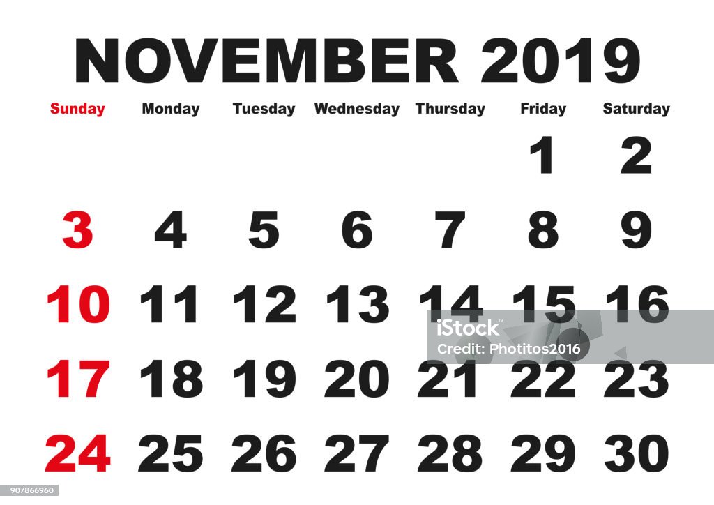 Tháng 11 Dương Lịch 2019 Tiếng Anh Hoa Kỳ Hình Minh Họa Sẵn Có - Tải Xuống  Hình Ảnh Ngay Bây Giờ - Ban Ngày, Chủ Nhật, Dữ Liệu - Istock