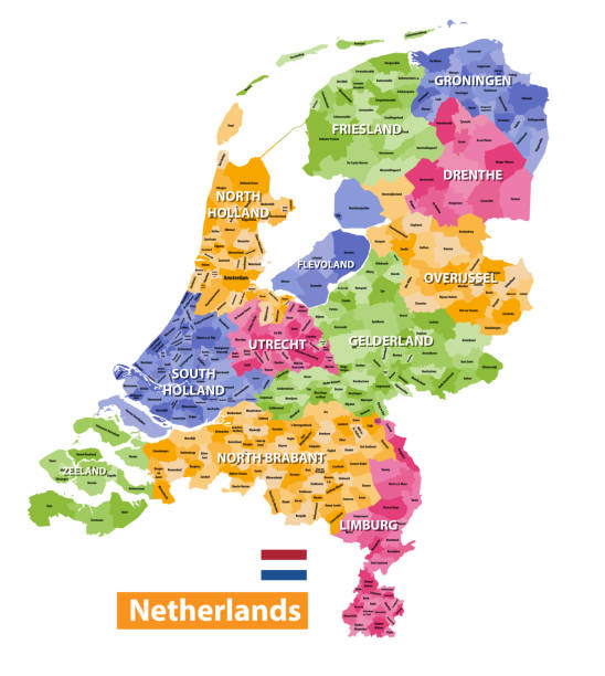 stockillustraties, clipart, cartoons en iconen met nederland hoog gedetailleerde lokale gemeenten kaart gekleurd door provincies. alle elementen worden gescheiden in lagen van afneembare en gelabeld. vector - maastricht