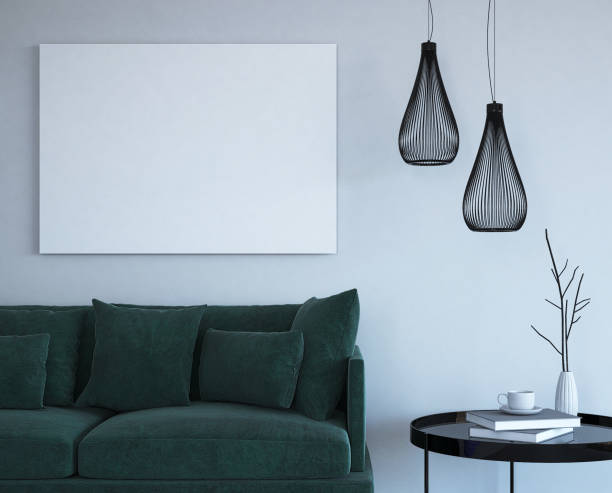 istock Close Up Mock Up Poster in Interior with green sofa. 907870920