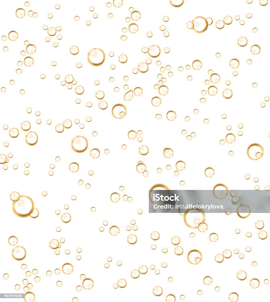 Vector realistic soda, champagne bubbles Vector realistic soda, champagne carbonated drink with bubbles close up illustration. Golden CO sparklings on white isolated background. Poster, banner design element Bubble stock vector