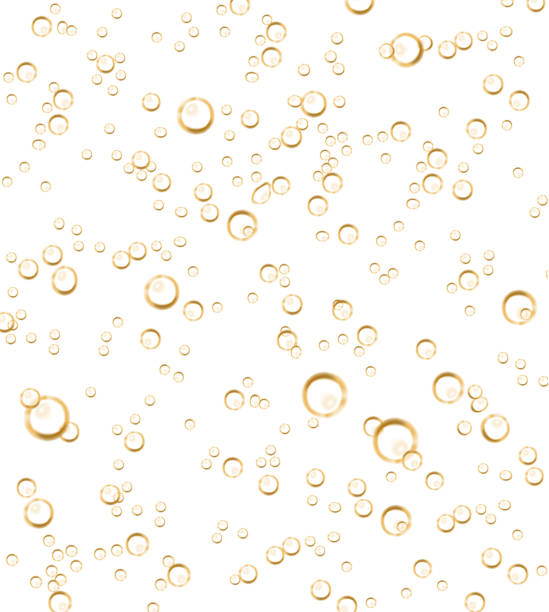 Vector realistic soda, champagne bubbles Vector realistic soda, champagne carbonated drink with bubbles close up illustration. Golden CO sparklings on white isolated background. Poster, banner design element champagne bubbles stock illustrations