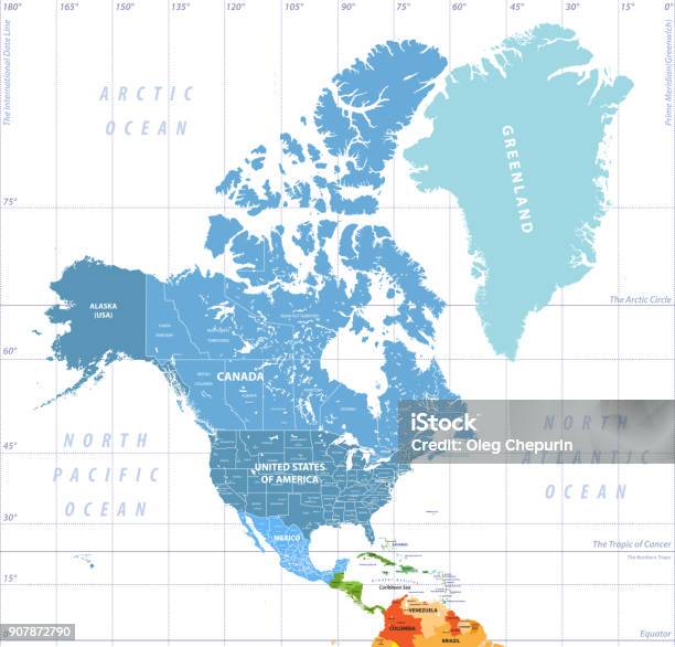 North America High Detailed Political Map All Layers Detachable And Labeled Vector Stock Illustration - Download Image Now