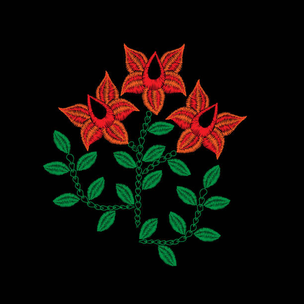 istock Embroidery stitches imitation folk red flower with green leaf 907874072