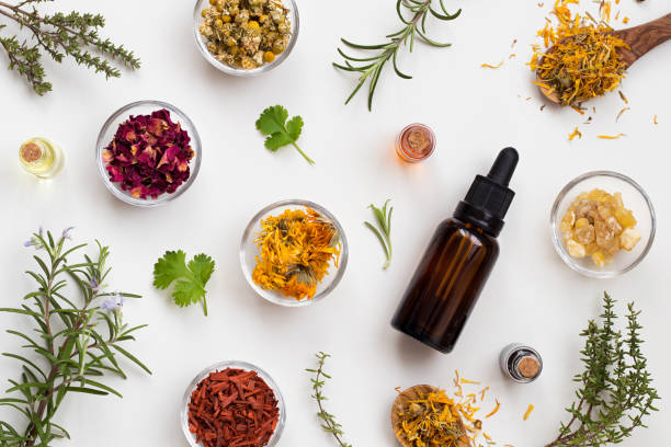 botellas de aceite esencial de hierbas y flores sobre un fondo blanco - aceite de masaje fotografías e imágenes de stock