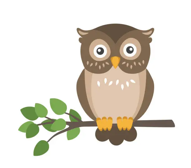 Vector illustration of Vector flat cute brown owl sitting on branch isolated on white background