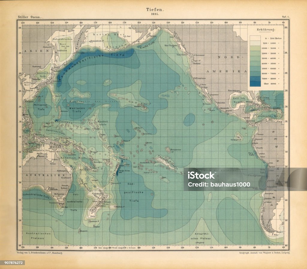 Ocean Depth Chart, Pacific Ocean, German Antique Victorian Engraving, 1896 Very Rare, Beautifully Illustrated Antique Engraving of Ocean Depth Chart, Pacific Ocean, German Antique Victorian Engraving, 1896. Source: Original edition from my own archives. Copyright has expired on this artwork. Digitally restored. Sea stock illustration