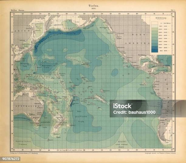 Ocean Depth Chart Pacific Ocean German Antique Victorian Engraving 1896 Stock Illustration - Download Image Now