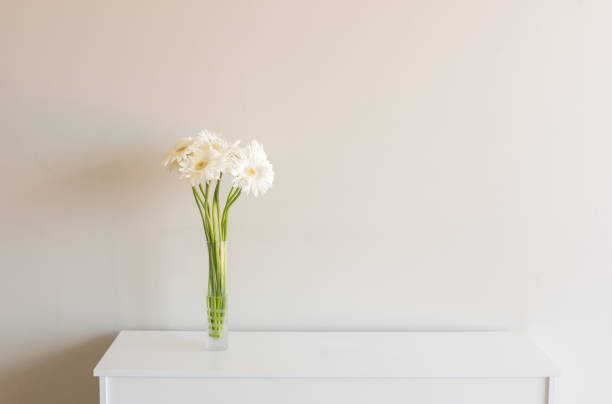 istock White gerberas in glass vase on sideboard 907876286