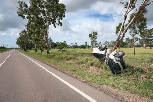 Car Crash Accident, Pick-Up Truck wrapped around a Tree, Highway. Nikon D810. Converted from RAW.