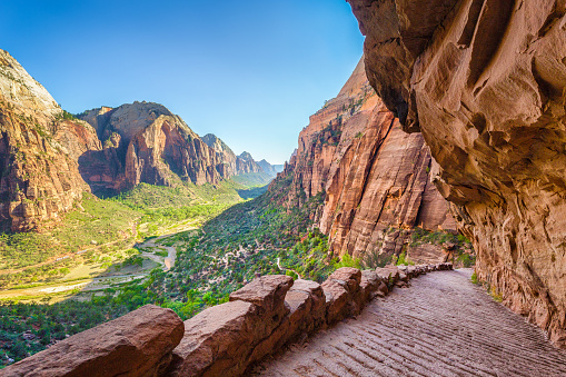 Panoramic view of famous Angels Landing hiking trail lead overlooking scenic Zion Canyon on a beautiful sunny day with blue sky in summer, Zion National Park, Springdale, southwestern Utah, USA
