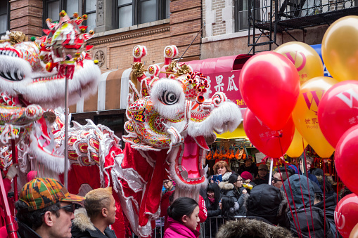 New York City, NY, USA - February 04, 2017: New Yorkers enjoying Chinese new year celebration in Chinatown, New York City, USA