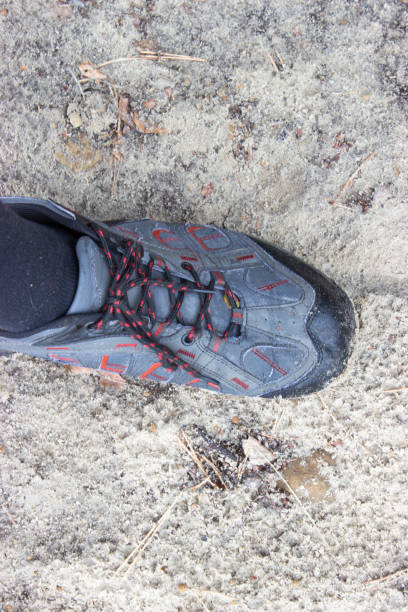 istock Foot with shoe on sandy ground. 907884916