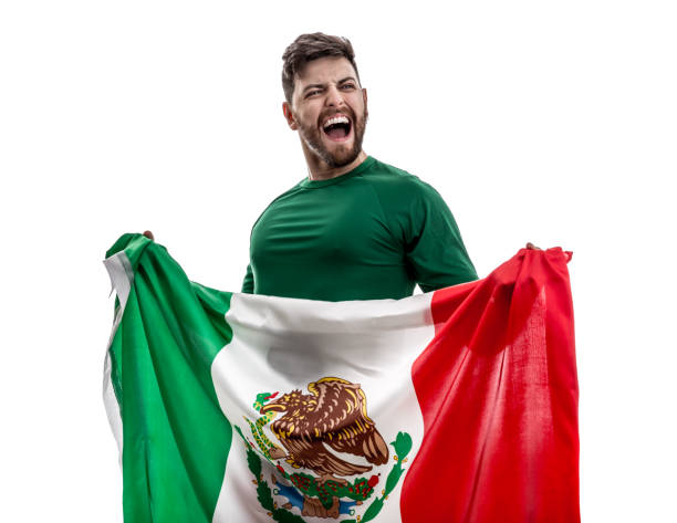 Mexican male athlete / fan celebrating on white background