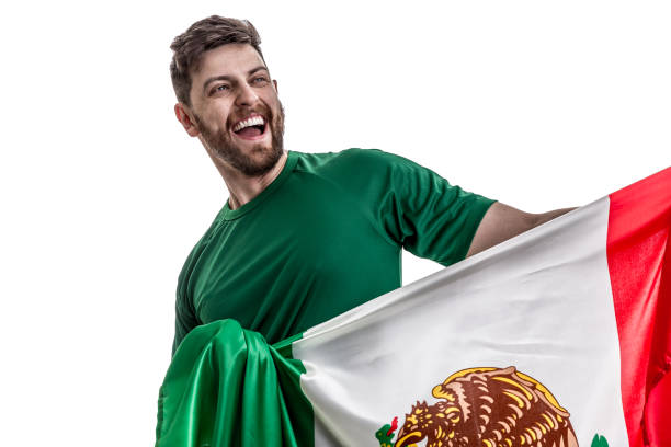 istock Mexican male athlete / fan celebrating on white background 907888608