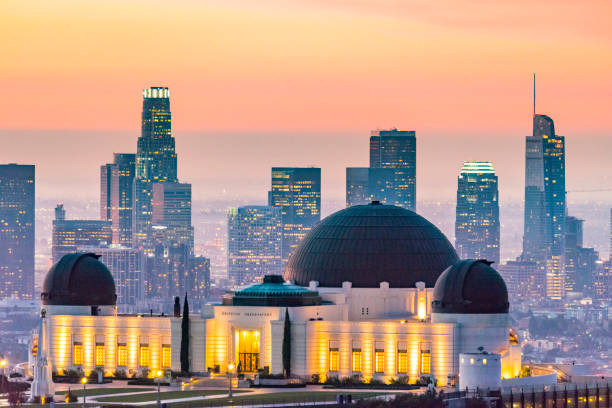 Los Angeles Skyline at Dawn Looking from Mt Hollywood City of Los Angeles at dawn from my Hollywood griffith park observatory stock pictures, royalty-free photos & images