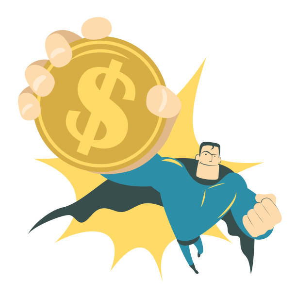 ilustrações, clipart, desenhos animados e ícones de cool sorrindo voar forte super-herói e exploração (mostrando) uma enorme cifrão ouro moeda de moeda - superhero currency heroes savings