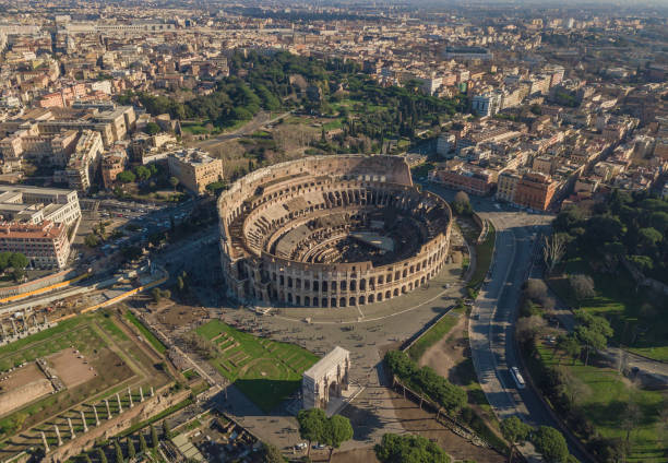 aerial view of colosseum - rome cityscape aerial view city imagens e fotografias de stock