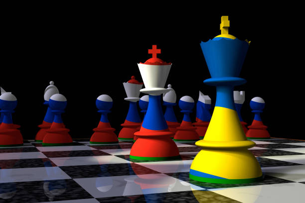 Render of a chessboard with pieces decorated with the Ukranian and Russian flags. A king is advanced from both sides. Viewed from the Ukranian side, which has only one piece on the board.