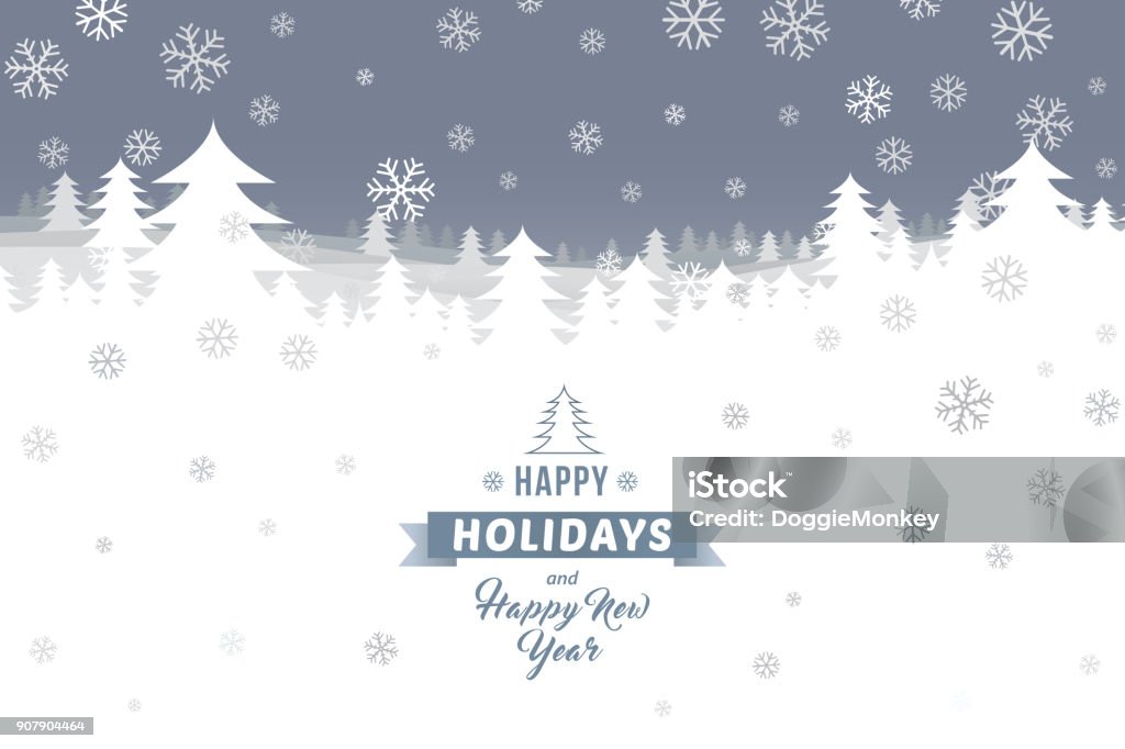 happy holidays and Happy New Year on winter landscape Happy holidays and Happy New Year on winter landscape with snowflakes and pine forest background. Happy Holidays - Short Phrase stock vector