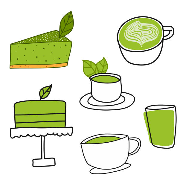 Matcha green tea sketches Vector illustration of a set of matcha green tea sketches food cake tea sketch stock illustrations